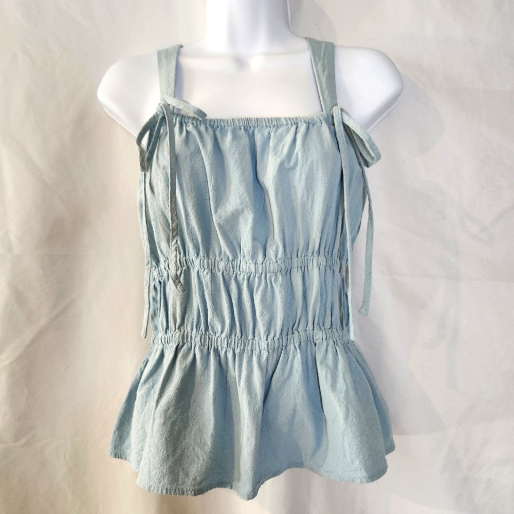 Chambray Womens Strappy Top Size M Light Blue Bows Scrunch Resort Cruise Beach